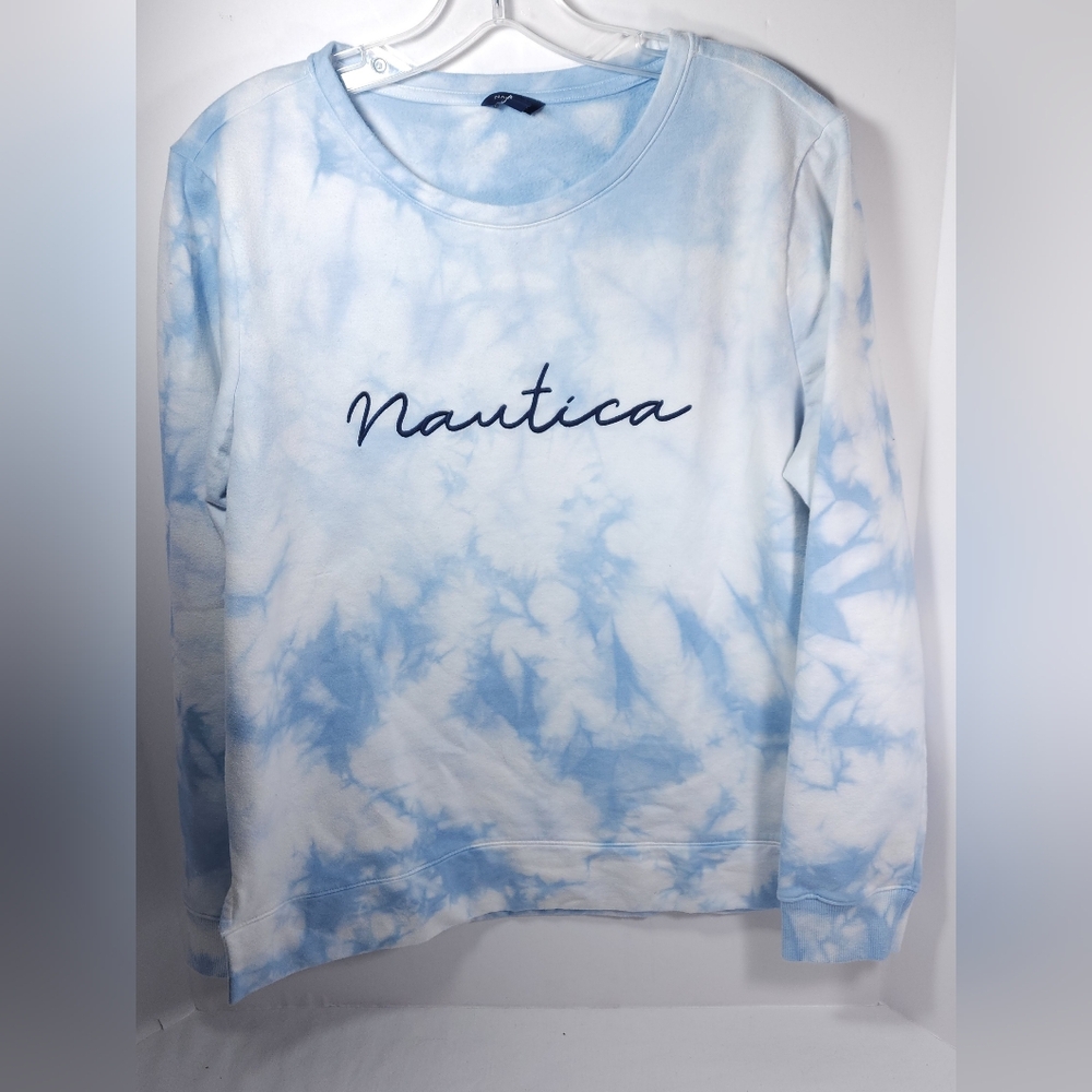 Nautica Women's Tie Dye Sky Theme Crew Neck Sweatshirt Size Large Blue / White - Picture 1 of 11